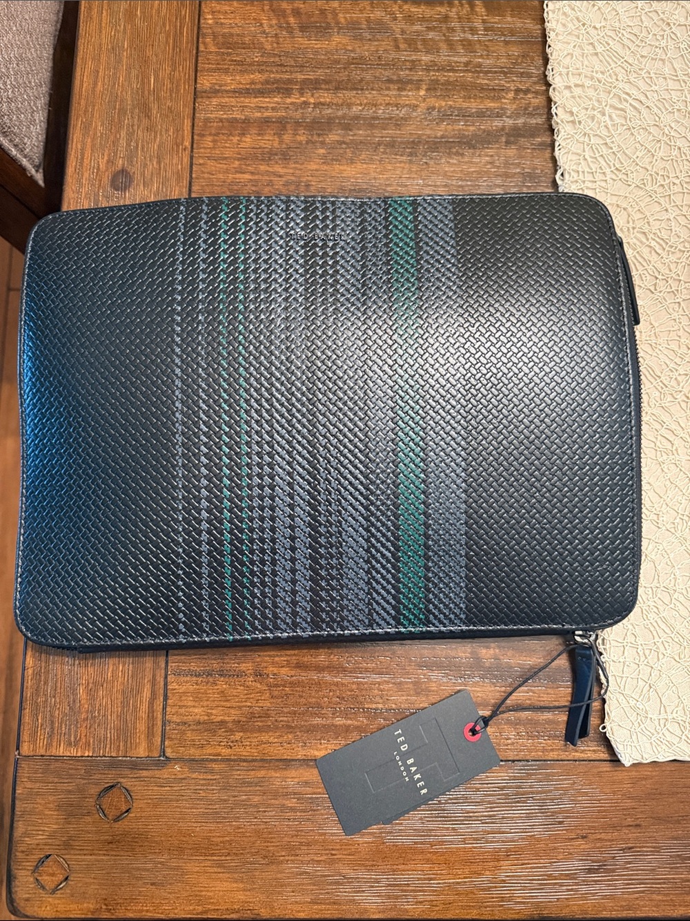 Ted Baker Black Woven Laptop Folio with Green Stripe Detail